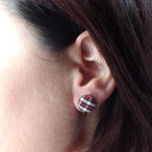 New Handmade | Upcycled Colorful Plaid Button Stud Earrings - Picture 4 of 4